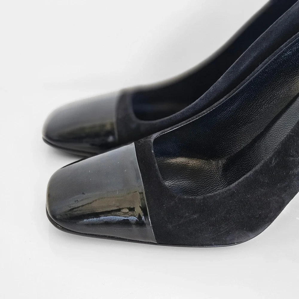Prada Black Suede Patent Leather Square Toe‎ Block Heel Pumps Silver Accent 36.5